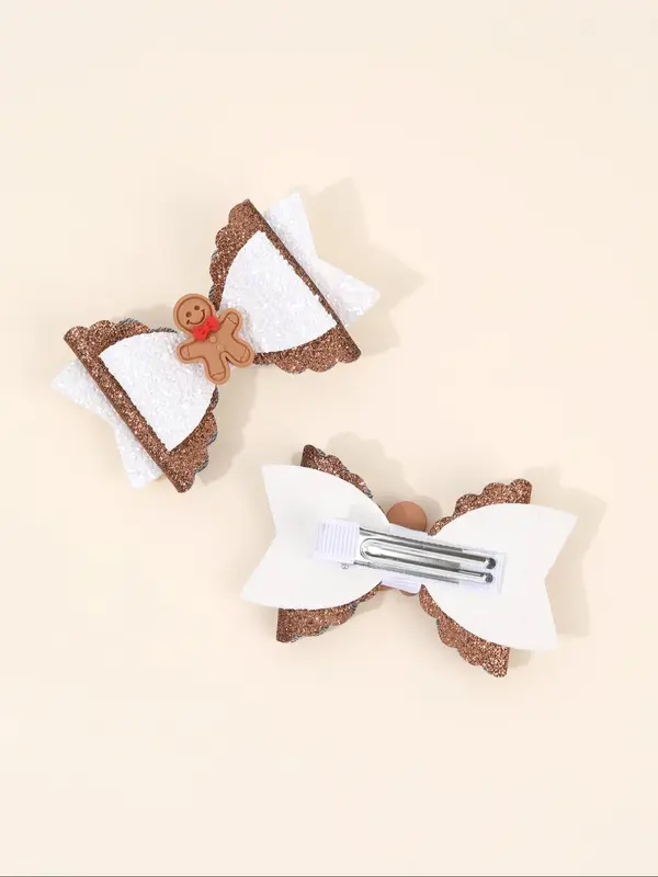 Cute Gingerbread Man Decor Bowknot Design Hair Clips, Glitter Hair Accessories for Girls, Fashion Hair Accessories for Party, Daily Clothing Decor 3