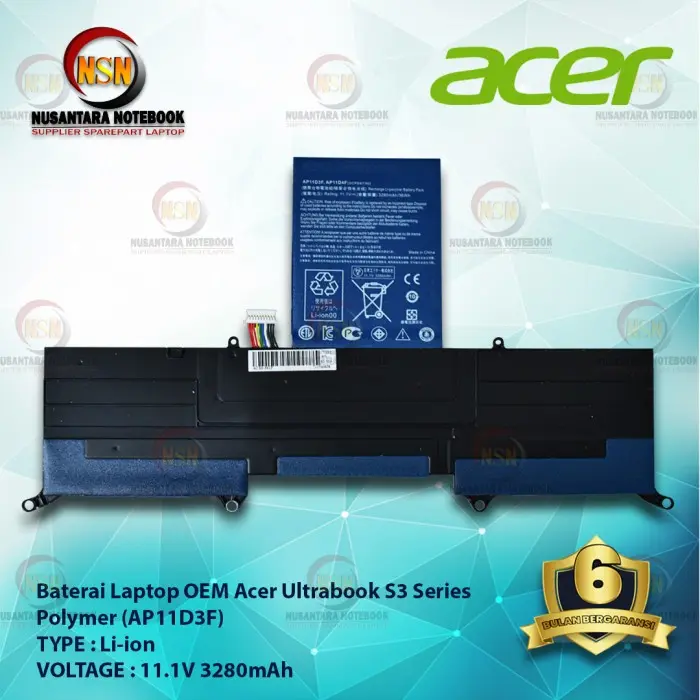 Baterai Laptop Acer Ultrabook S3 AP11D3F SERIES BLACK POLYMER OEM 0