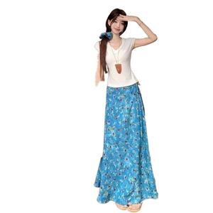 New Summer Blue Floral Oil Painting Lace-up Half Skirt Women Korean Slim Fit Slimming V-neck Short-sleeved T-shirt Two-piece Set