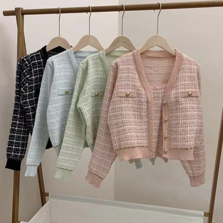 [XẢ KHO] SET 2 Áo khoác cardigan len tweed kèm 2 dây mix sợi cúc đồng tròn form vừa [SE1746] Nữ Women Jacket Top - Kem - Sọc