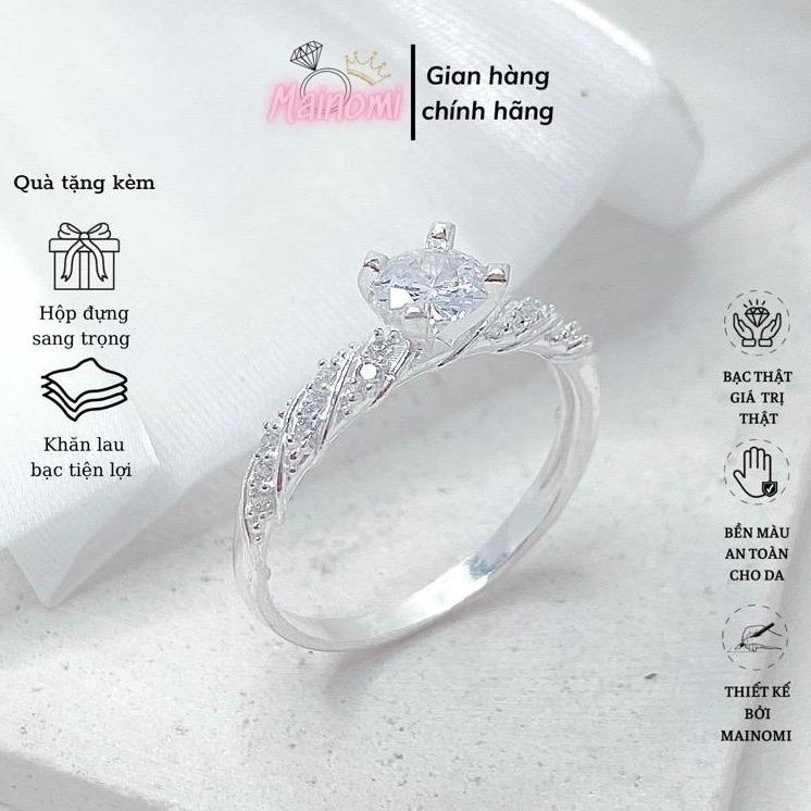 Nhẫn Bạc nữ viền xoắn dày MAINOMI đá 6ly độc đáo xinh xắn