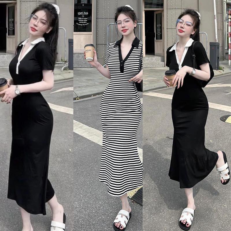 Váy body cổ bẻ đuôi cá siêu đẹp co giãn tôn dáng, Đầm nữ cổ sơ mi Dress Cotton Women Màu Đen