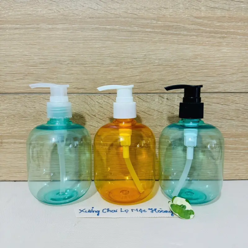 Chai lọ nhựa 300ml Tròn Lùn màu Xanh Ngọc/Cam Trong - Vòi nhấn cao cấp đủ loại -Khóa Vàng-Nắp Bật 1