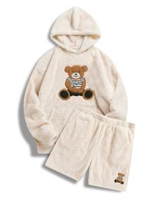Men's Cartoon Bear Patched Drop Shoulder Hoodie & Elastic Waist Shorts Set, Casual Fashion Cozy Two-piece Outfits for Daily Wear, Men's Clothes for Fall & Winter