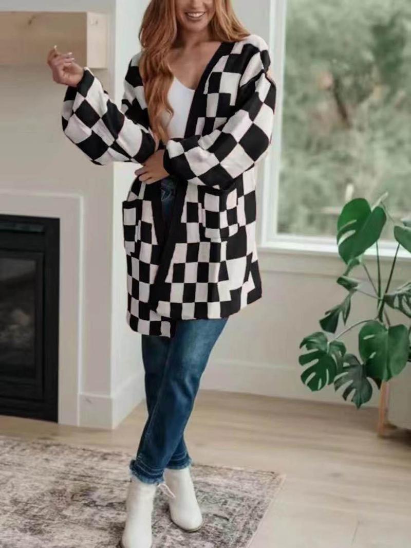 Product Introduction of Women's Plaid Print Pocket Drop Shoulder Sweater Cardigan, Casual Long Sleeve Open Front Knitwear for Spring & Fall, Fashion Women's Knit Clothing for Daily Wear 6
