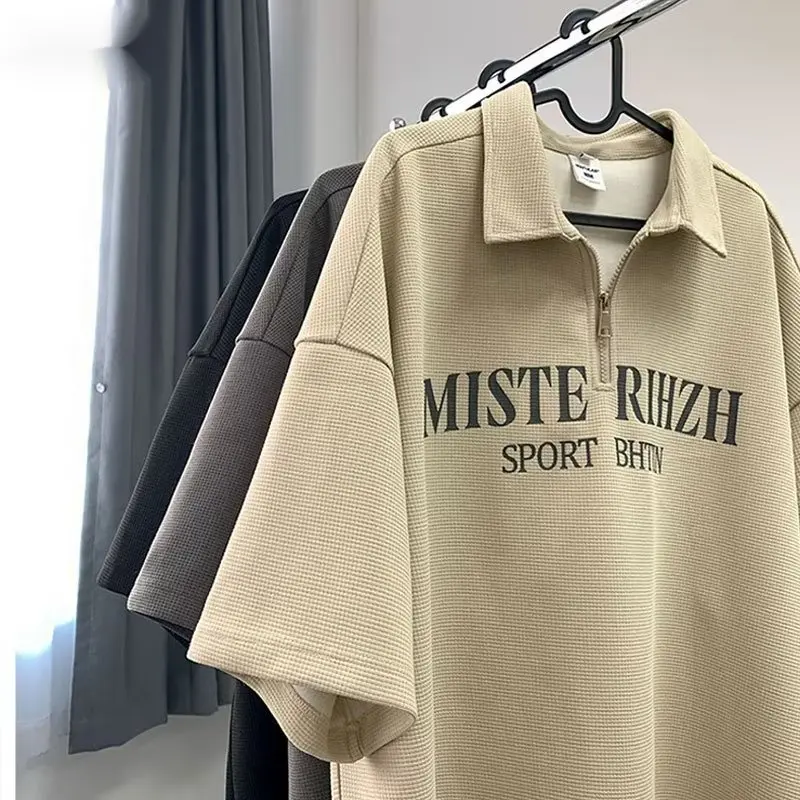 Men's plus size waffle polo shirt casual oversized polo shirt sleeve tee M-8XL