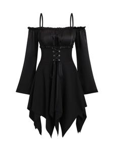 Women's Punk Lace Up Cut Out Cold Shoulder Dress, Gothic Grommet Eyelet Asymmetrical Hem Frill Trim Ruched A Line Dress for Party Holiday Vacation, Ladies Spring & Fall Clothes