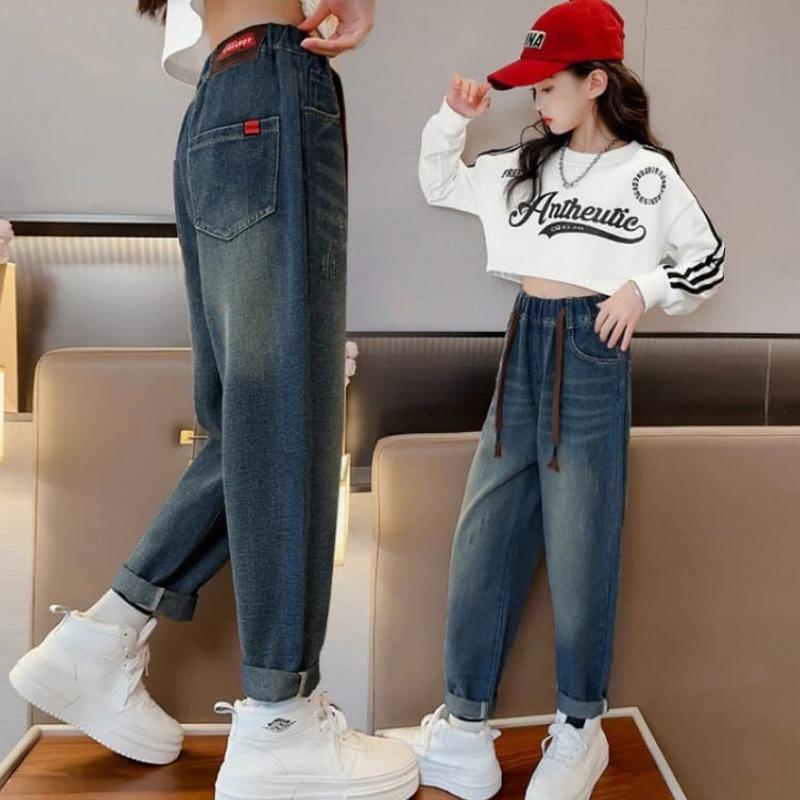 Product Introduction of Baggypants Jeans Celana baggy anak perempuan Baggy Jeans Usia 6-12 tahun  Celana baggy Jeans anak Polos Low Waist Fashion 10-11 tahun snowhitam bawahan Kulot 2