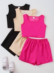 Girl's 6 Counts/3 Sets Solid Crop Tank Top & Bow Decor Shorts Set, Casual Sleeveless Round Neck Top & Elastic Waist Shorts for Daily Wear, Plain Kids Summer Clothes