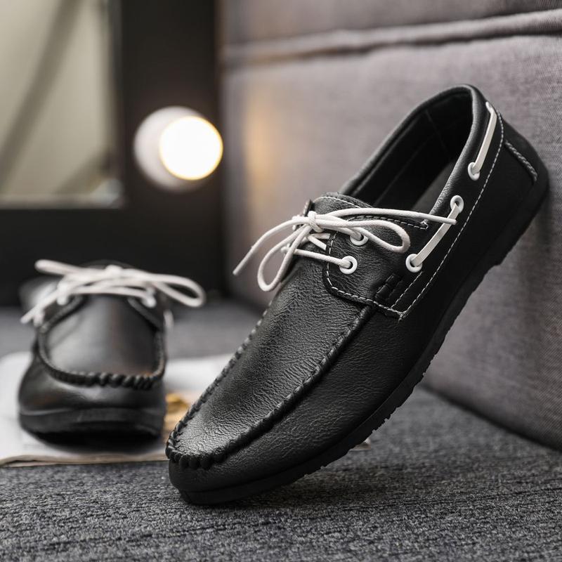 Round Toe Shoes Casual Men's Slip-on Leather Shoe Flat Lightweight Breathable Dress Shoes 2024 New 3