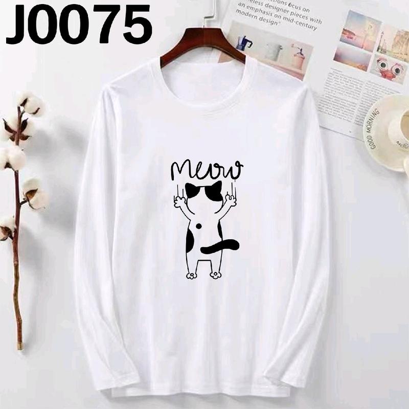 J0075 MEOW CAT KITTY LONG SLEEVE TSHIRT PRINTED GRAPHIC PLUS SIZE 3XL WOMEN MEN BAJU LENGAN PANJANG BESAR T SHIRT SUMMER LOOSE TOPS COTTON CREW NECK CASUAL STREET BASIC SIMPLE STYLE BLACK WHITE NAVY BLUE