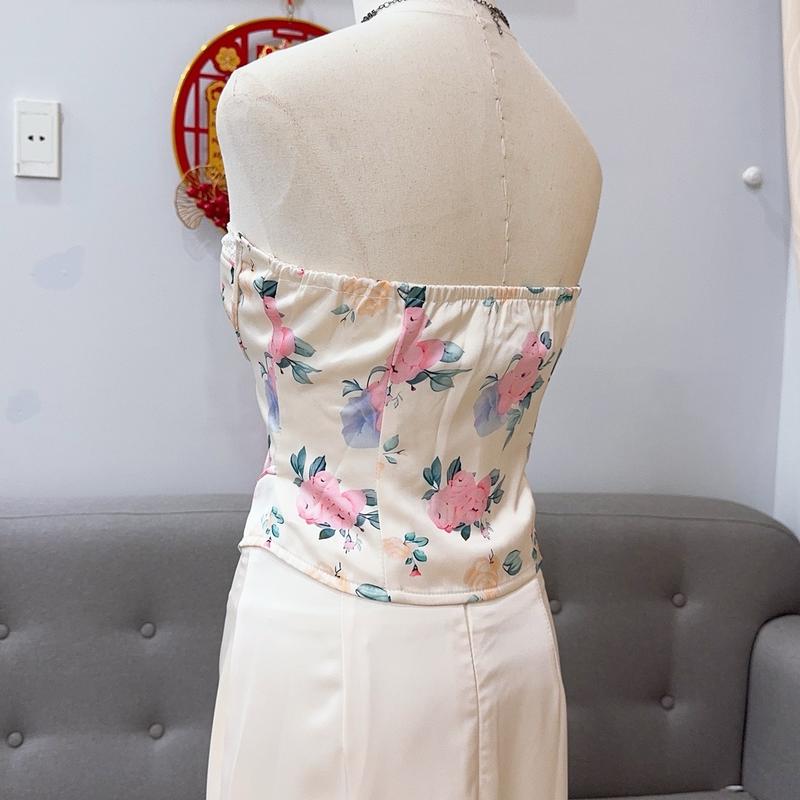 ( Ảnh thật ) Set áo croset in nhiệt hoa 5D phối chân váy lụa Tô châu cao cấp quyến rũ Dress Nữ Ren Women Bo Chun Voan 3