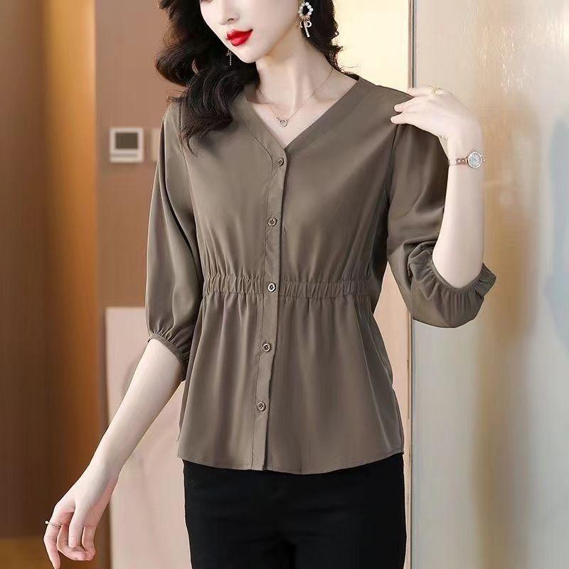Product Introduction of OEMG Women's Shirt Loose plus Size Spring and Summer New Three-Quarter Sleeve Cinched Blouse Chiffon Shirt Belly-Covering Slimming Top 5