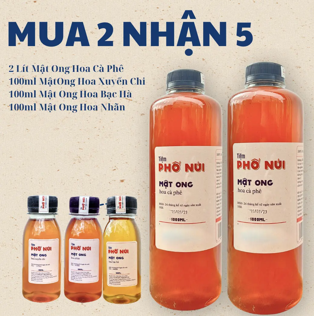 [Mua 2 nhận 5] Combo 2l mật hoa cà phê + 100ml mật hoa nhãn + 100ml mật hoa bạc hà + 100ml mật hoa xuyến chi - Tiệm Phố Núi | Vị Mật Ong