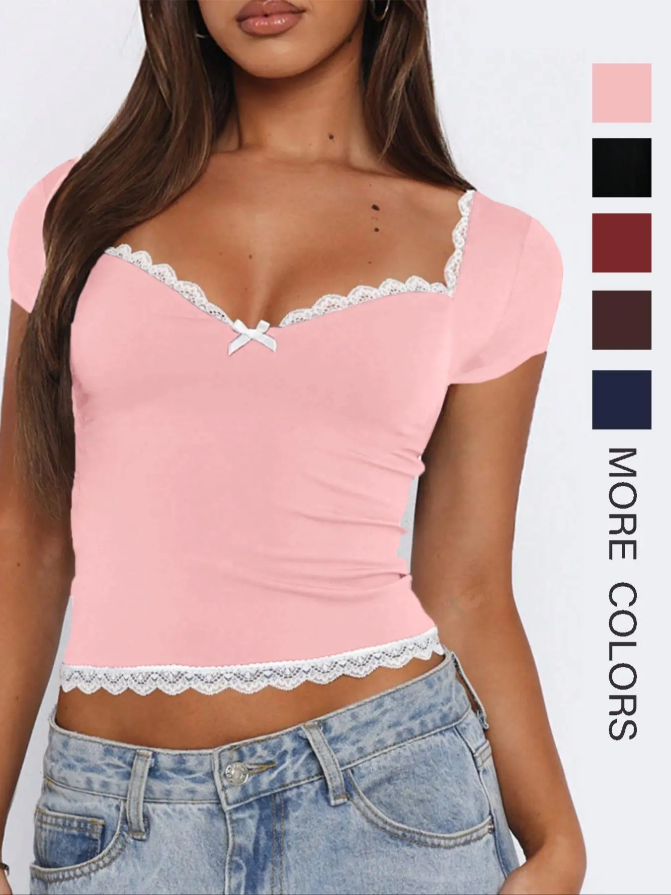 Women's Patchwork  Lace Trim Sweetheart  Neck Crop Tee, Casual Fashion Short Sleeve T-shirt for Daily Wear, Ladies Summer Clothes
