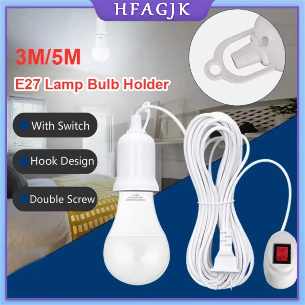 3/5M/8M/10M E27 Lamp Holder E27 Led Lamp Base Bulb Socket Cable Extension Pendant Light Power Cord with ON/OFF Switch