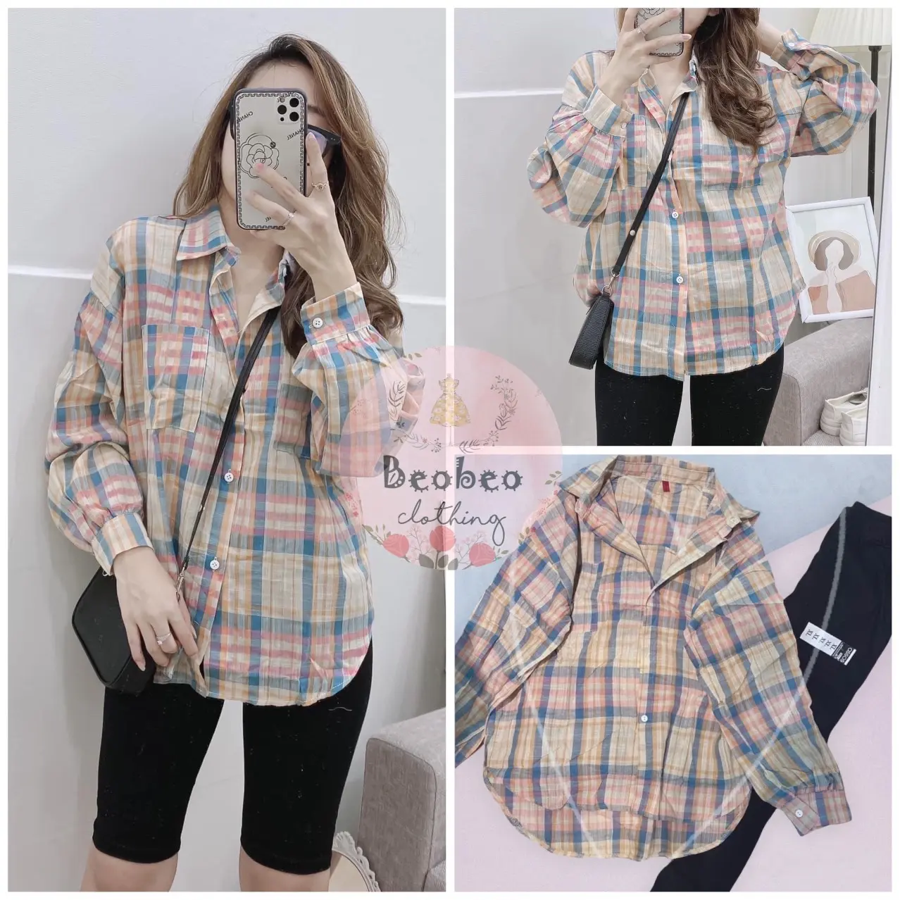 Áo sơ mi oversize tay phồng pastel vintage