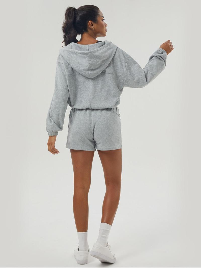 Product Introduction of Women's Solid Color Zip Up Hooded Sweatshirt & Drawstring Waist Shorts Sports Sweat Set, Casual Long Sleeve Zip Front Outerwear & Shorts, Ladies Sportswear for Indoor Outdoor Wear, Tracksuit 6