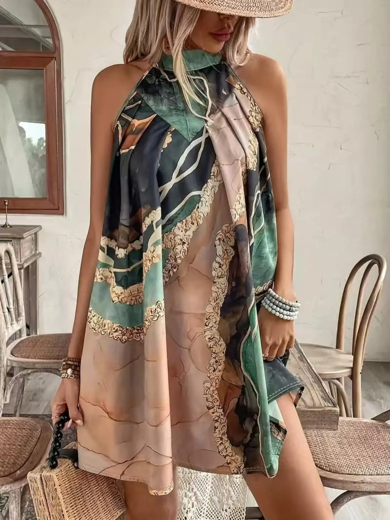 Women's All Over Print Tie Back Plicated Dress, Elegant Sleeveless Short A Line Dress for Summer, Ladies Clothes for Beach Holiday