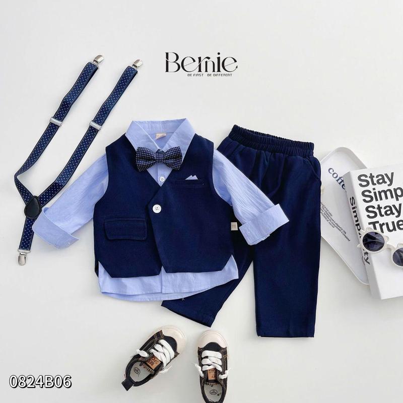 Set vest gile công tử hànquốc vest dài túi khăn cho bé trai thôi nôi sinh nhật 1đến7t BERNIE 0824b06