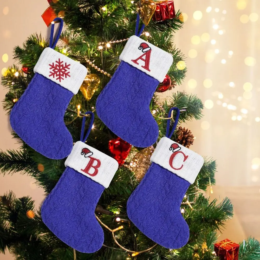Gift Organizer Blue Christmas Alphabet Knitted Socks Large Capacity Thickened Candy Gift Bags Exquisite Festival Letter Knitting Socks Festive Home Decoration