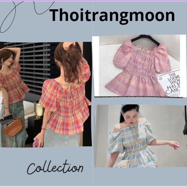 Áo kẻ xinh dáng babydoll thiết kế mặc được kiểu cổ vuông và trễ vai có bigsize thoitrangmoon Top Nữ