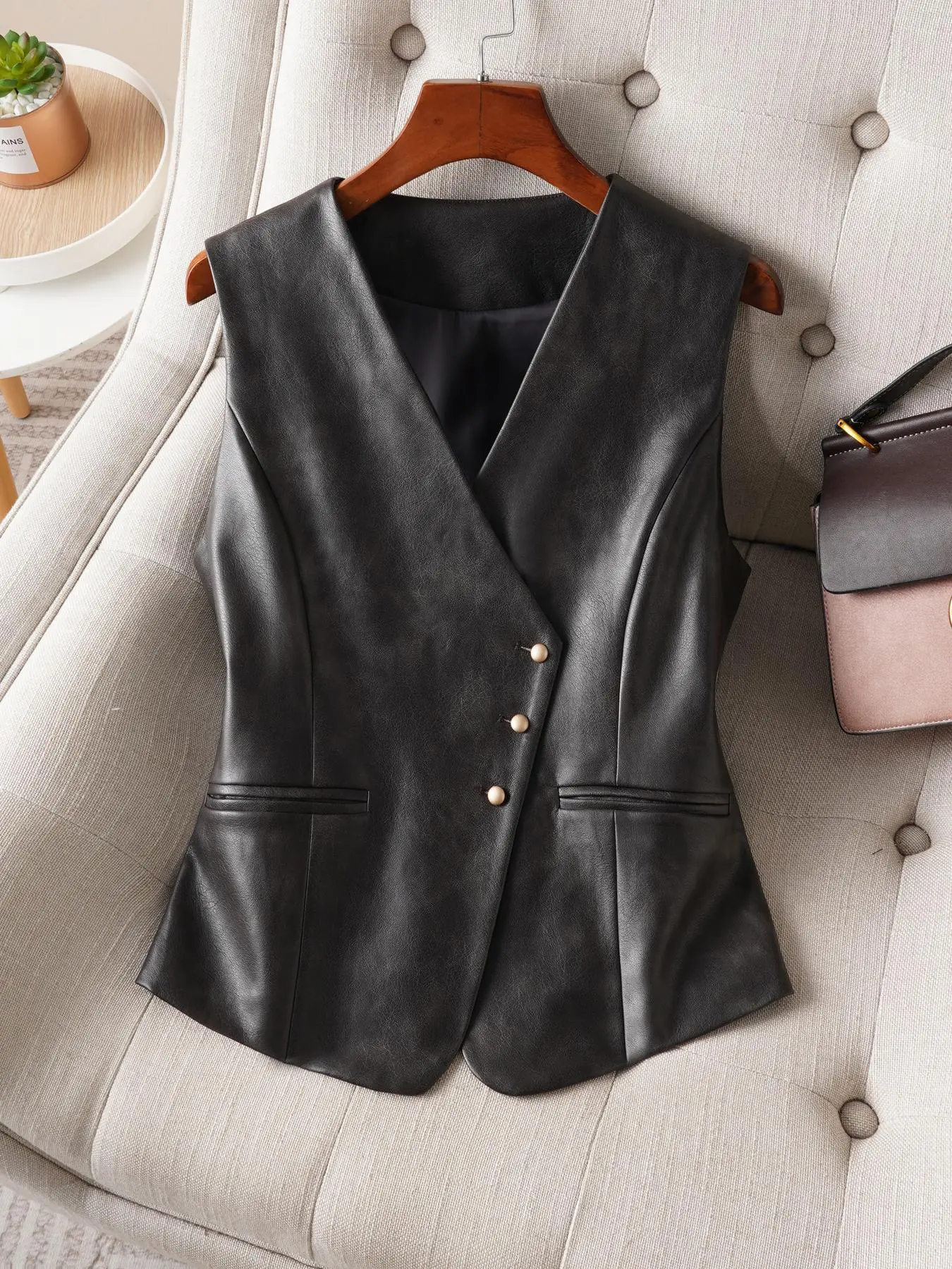 Women's Solid Button Front V Neck Waistcoat, Fashion Casual Sleeveless Outerwear for Daily Outdoor Wear, Ladies Clothes for Spring & Fall