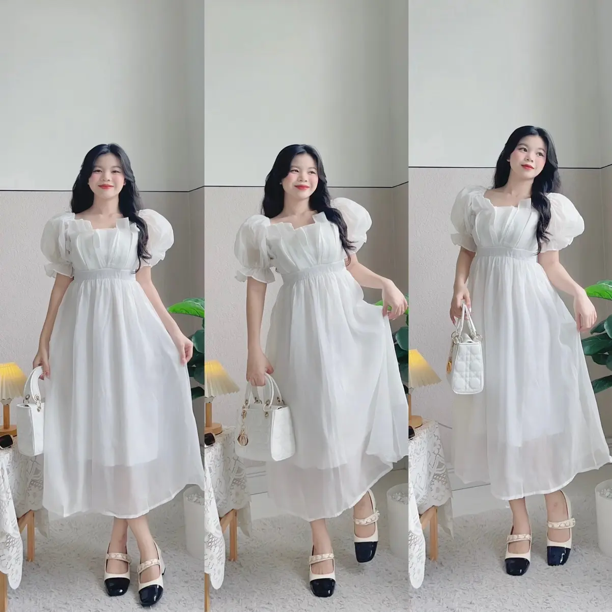 ĐẦM TRẮNG TAY VOAN PHỒNG  XẾP LY NGỰC BO EO