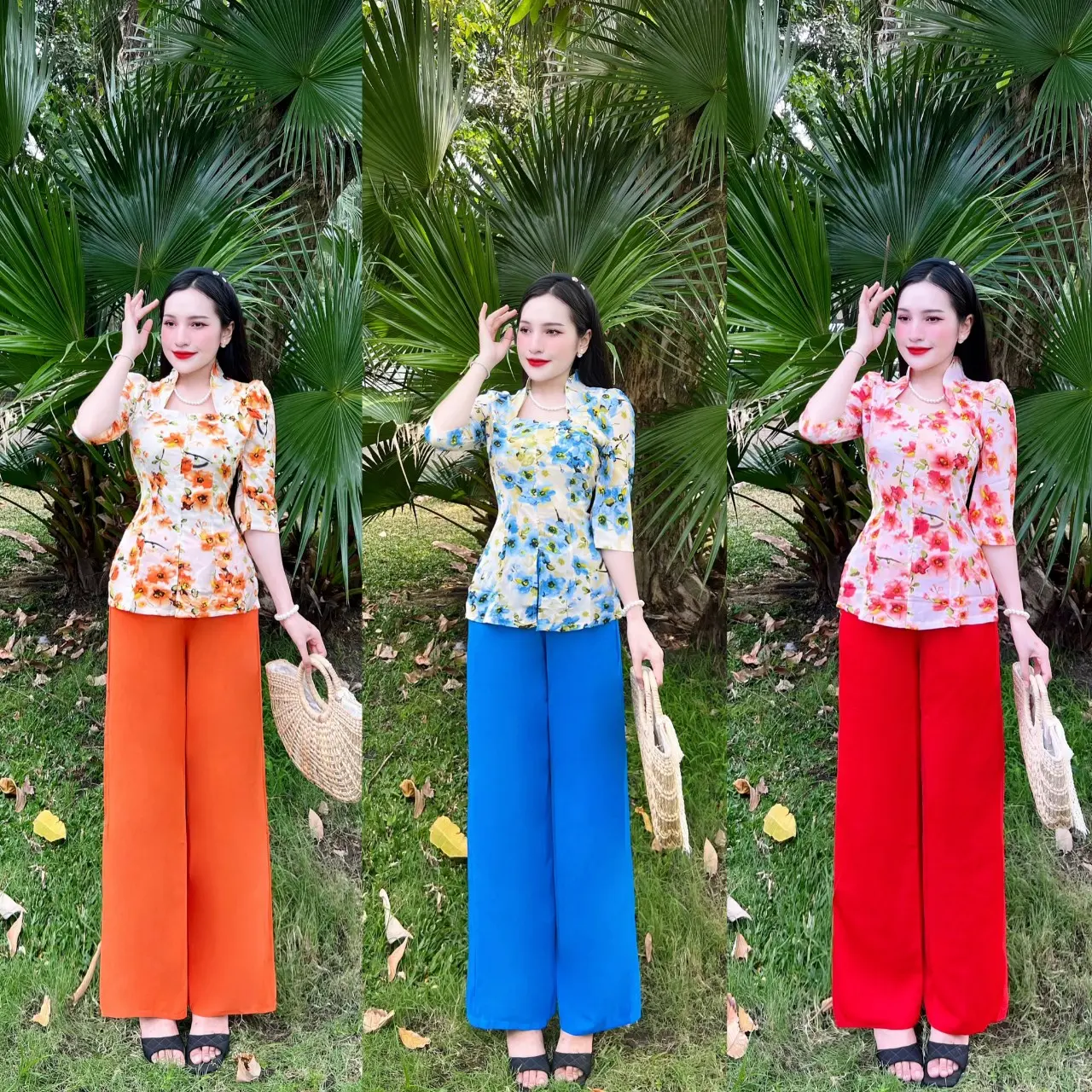 BỘ BÀ BA CỔ NỮ HOÀNG TAY LỠ CHẤT LỤA MANGO CAO CẤP Áo Polo xã hội thanh lịch viền sóng