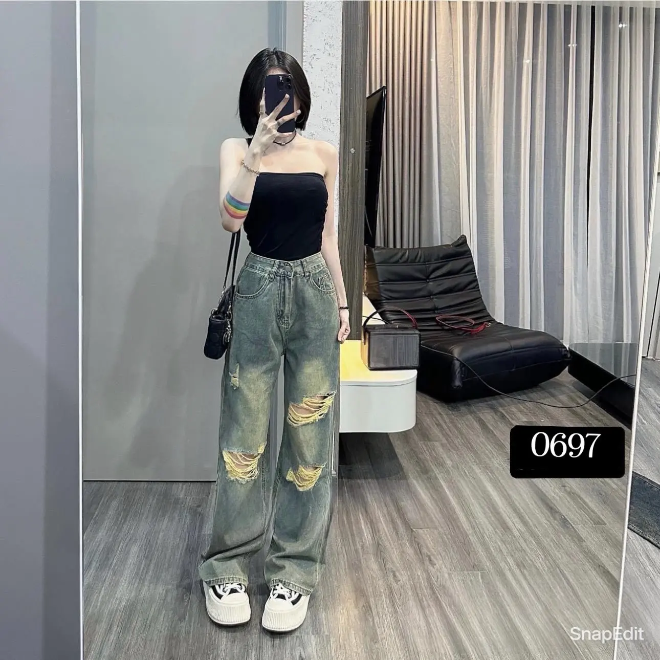 Quần jeans nữ ống rộng lưng cao lưng cao rách M0697