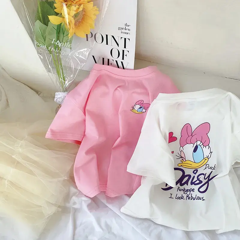 Áo Thun Cotton Cho Bé Gái, Quần Áo Mùa Hè Mới, Tay Lửng, Áo Trẻ Em, Vịt Donald, Phong Cách Thời Trang, Phong Cách Hàn Quốc