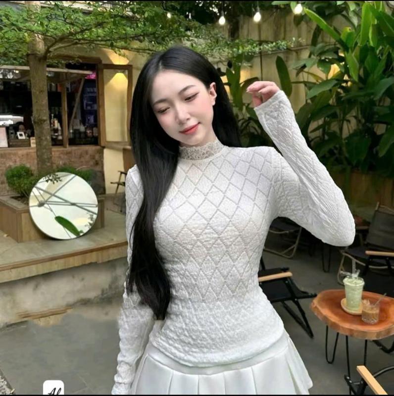 Bộ Áo Ren Xốp Tay Dài và Chân Váy Xếp Ly Sang Chảnh cho Nữ - Women Top Kem set thường set  botieuthu Xoè 2