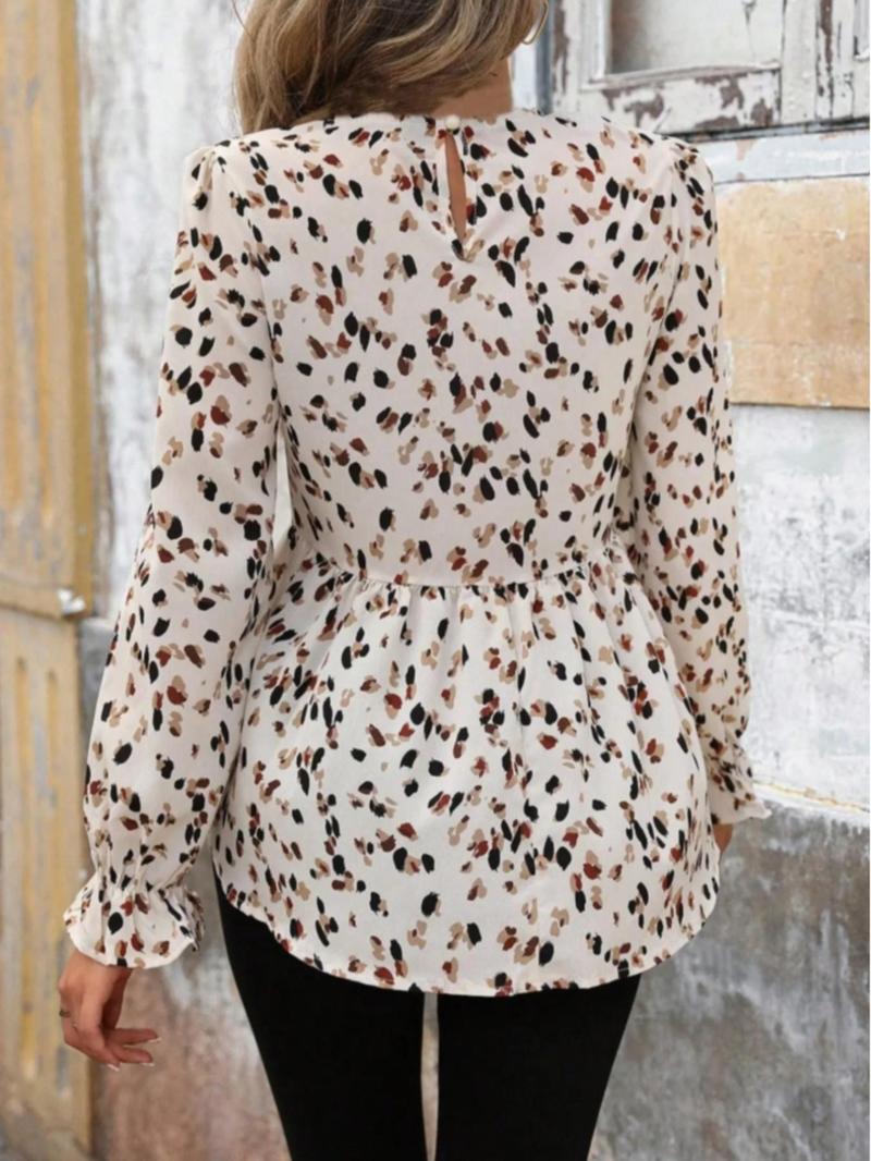 Product Introduction of Women's All Over Print Flounce Sleeve Blouse, Elegant Long Sleeve Round Neck Top for Spring & Fall, Women's Clothing for Daily Wear 2