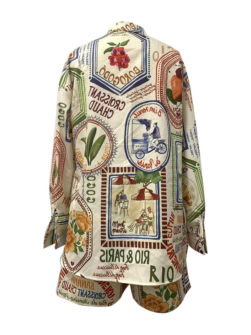 Product Introduction of Women's All Over Print Button Front Blouse & Drawstring Waist Shorts Two-Piece Set, Boho Casual Drop Shoulder Long Sleeve Top & High Waist Shorts for Summer, Ladies Clothes for Vacation Holiday 2