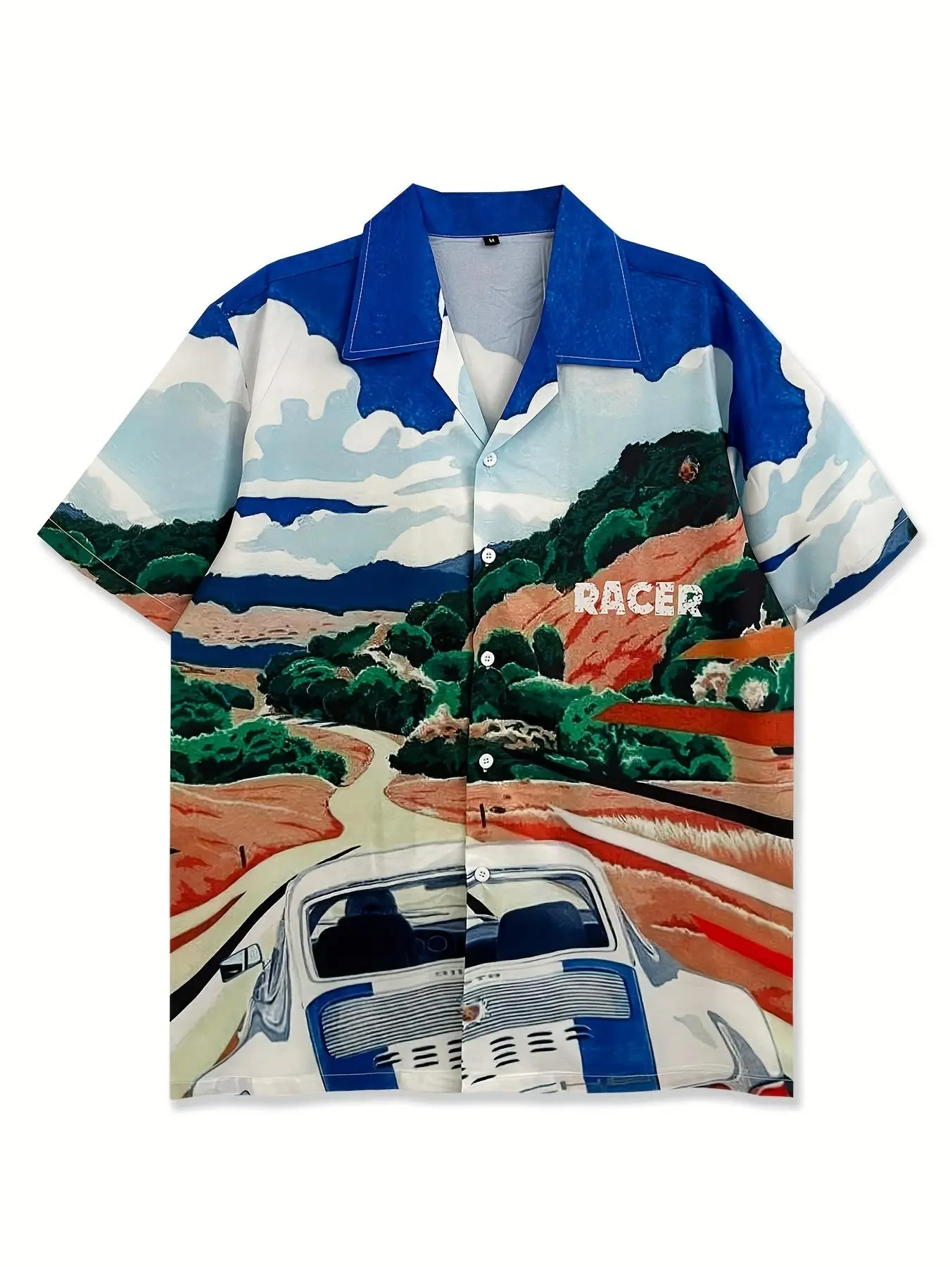 Men's Regular Fit Car & Landscape Print Notched Neck Shirt, Casual Short Sleeve Button Front Top for Summer, Fashion Men's Clothes for Daily Wear