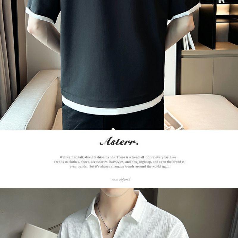 Product Introduction of 2025 Fake Two-Piece V-neck T-shirt Men's Ins Fashion Brand Short Sleeve Polo Shirt Ice Silk Half Sleeve 2023 New Summer Matching Suit 24