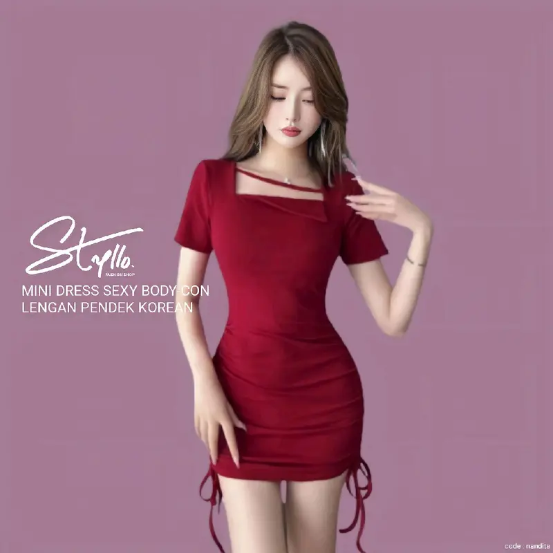 Baju Bodycon Sexy Mini Dress Korea Lengan Pendek Wanita Body Pita Scuba Boat Square Neck Polos Basic Premium Merah Maroon Marun Polos Manis Cantik 0