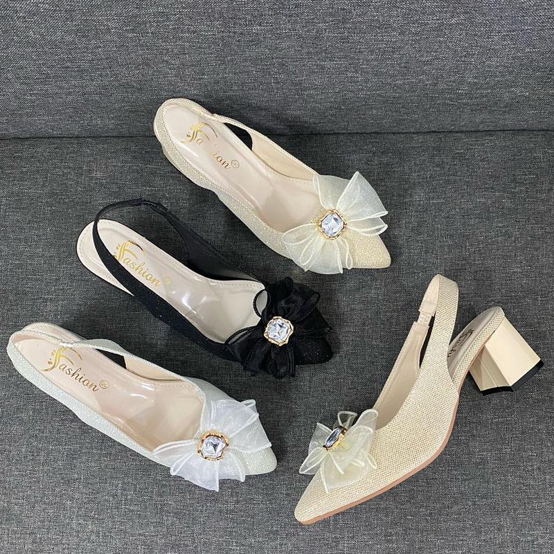 CHÂN GẦY LÙI 1 SIZE Giày cao gót 5 cm nơ giày cao gót mũi nhọn kim tuyến nơ lụa xinh