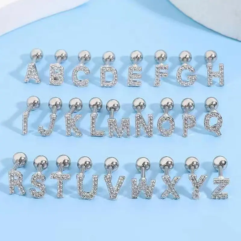 Bông Tai Đinh Tán Xương Tai, Dát Zircon 26 Chữ Cái Tiếng Anh Phong Cách Cổ Điển Cá Tính, Đinh Tán Sợi Chữ Hợp Kim, Xỏ Lỗ Tai Women Khuyên Tai Women Khuyên Tai Hoa Tai Titan 2