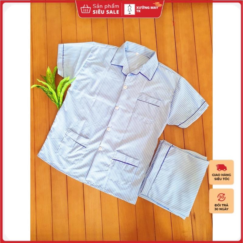 Đồ bộ pijama nam trung niên cao cấp mặc nhà chất vải kate thoáng mát ông già kẻ sọc cộc tay 4