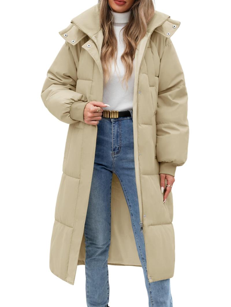 Product Introduction of Women's Solid Button Front Zipper  Hooded Longline Quilted Jacket, Casual Long Sleeve Pocket Design Outerwear for Fall & Winter, Women's Clothing for Daily Wear 6