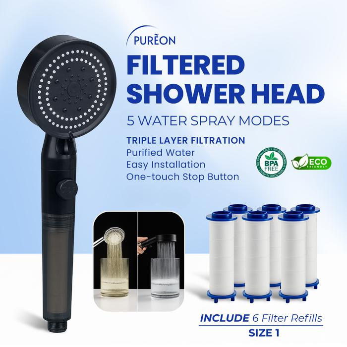 Promo [ Free 1+6 Refills ] PUREON Filtered Shower Head 5 Mode Semprotan ...