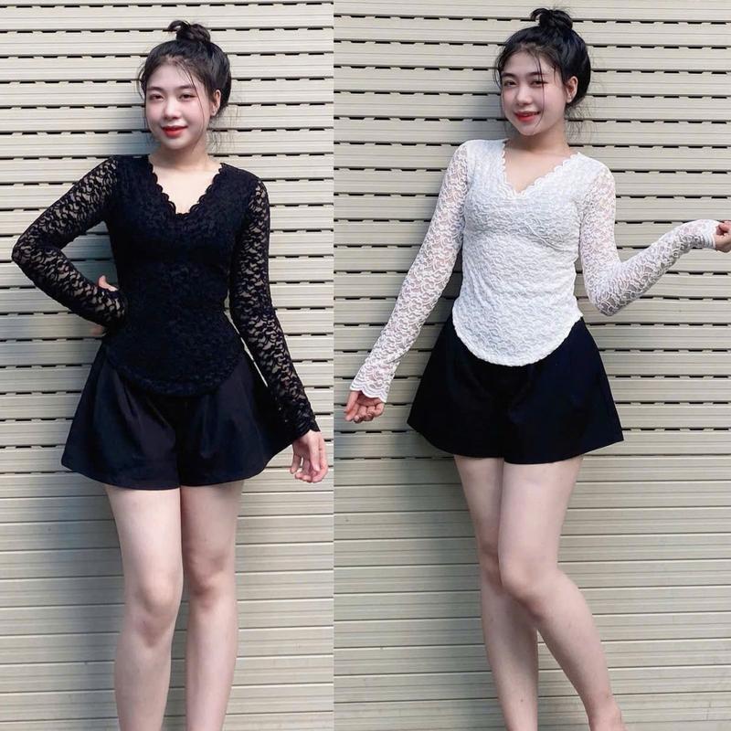 Áo Phong Nữ Tay Dài Cổ Tim Bigsize LIMO Áo Thun Nữ Kiểu Dài Tay Vải Ren Lưới Co Giãn 45-85Kg MS273 Top Women Sơ Mi