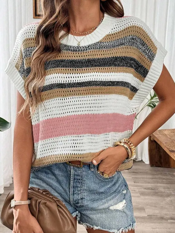 Women's Striped Crew Neck Sweater, Casual Short Sleeve Jumper for Daily Wear, Ladies Knitwear for All Seasons, Tops, Womenswear 4