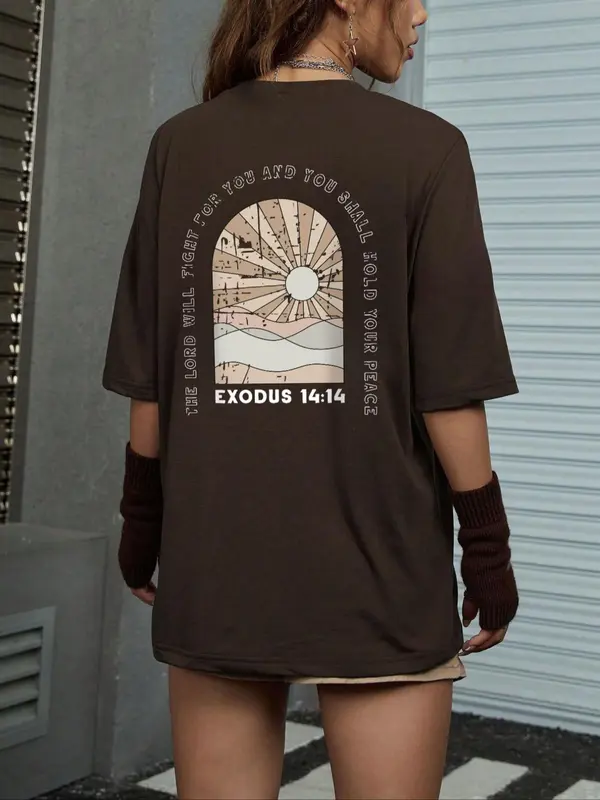 Women's Round Neck Drop Shoulder Graphic Tee, Summer Clothes Women, Casual Half Sleeve Crew Neck T-shirt for Summer, Women's Top for Daily Wear, Women's Clothing 4