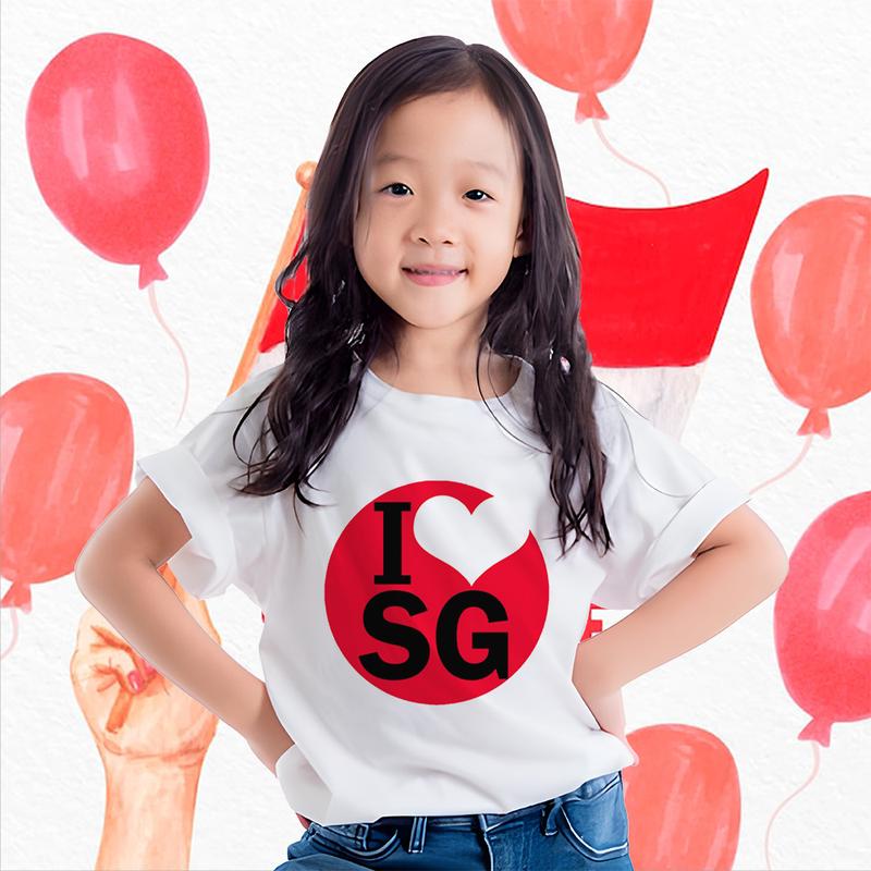 Singapore National Day Celebration Children's T-shirt I LOVE SG Boys and Girls' White Celebration Festival Top 0