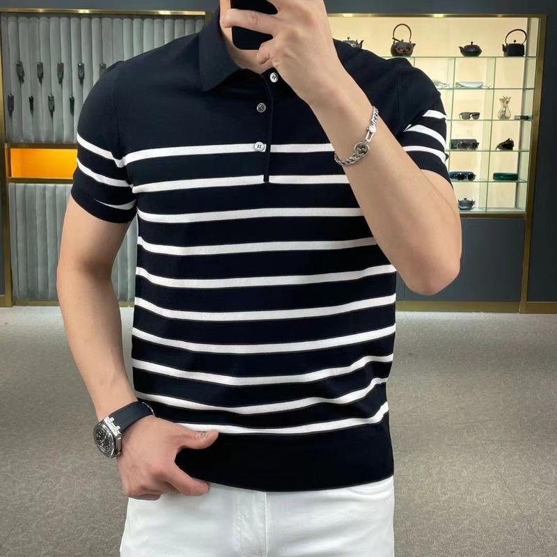Áo Polo Dệt Kim, Cổ Áo bẻ xuống, Sọc Cao Cấp Sang Trọng, Áo Thun Nam ngắn Tay Phong Cách Hợp Xu hướng Thời Trang, Dễ Phối Đồ, Hàng Mới Về Mùa Hè 2025 1