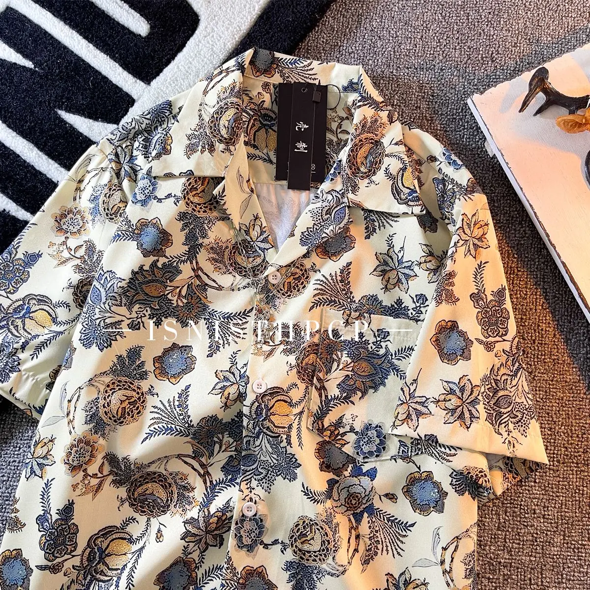Retro American Style Vintage Japanese Style Cuban Bow Tie Shirt Men's Short Sleeve Summer Hong Kong Style Ruan Handsome Loose Shirt Men's Y