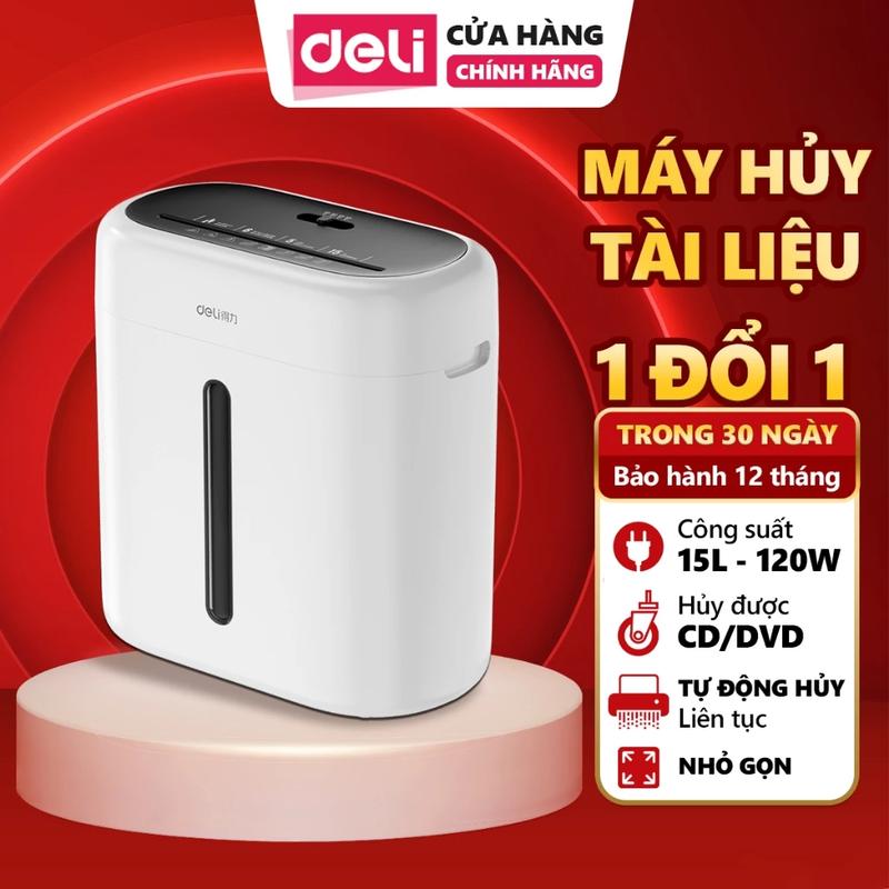 Máy hủy tài liệu 15L Deli - Máy cắt giấy máy hủy giấu vụn 6 tờ A4 cùng lúc công suất 220V dành cho văn phòng gia đình bảo hành 12 tháng