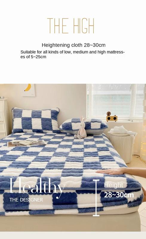 Product Introduction of Soft Warm Plush Mattress Protector Cover Winter Couple 2 People Black White Plaid Elastic Fitted Sheet Bed Protection Pad 12